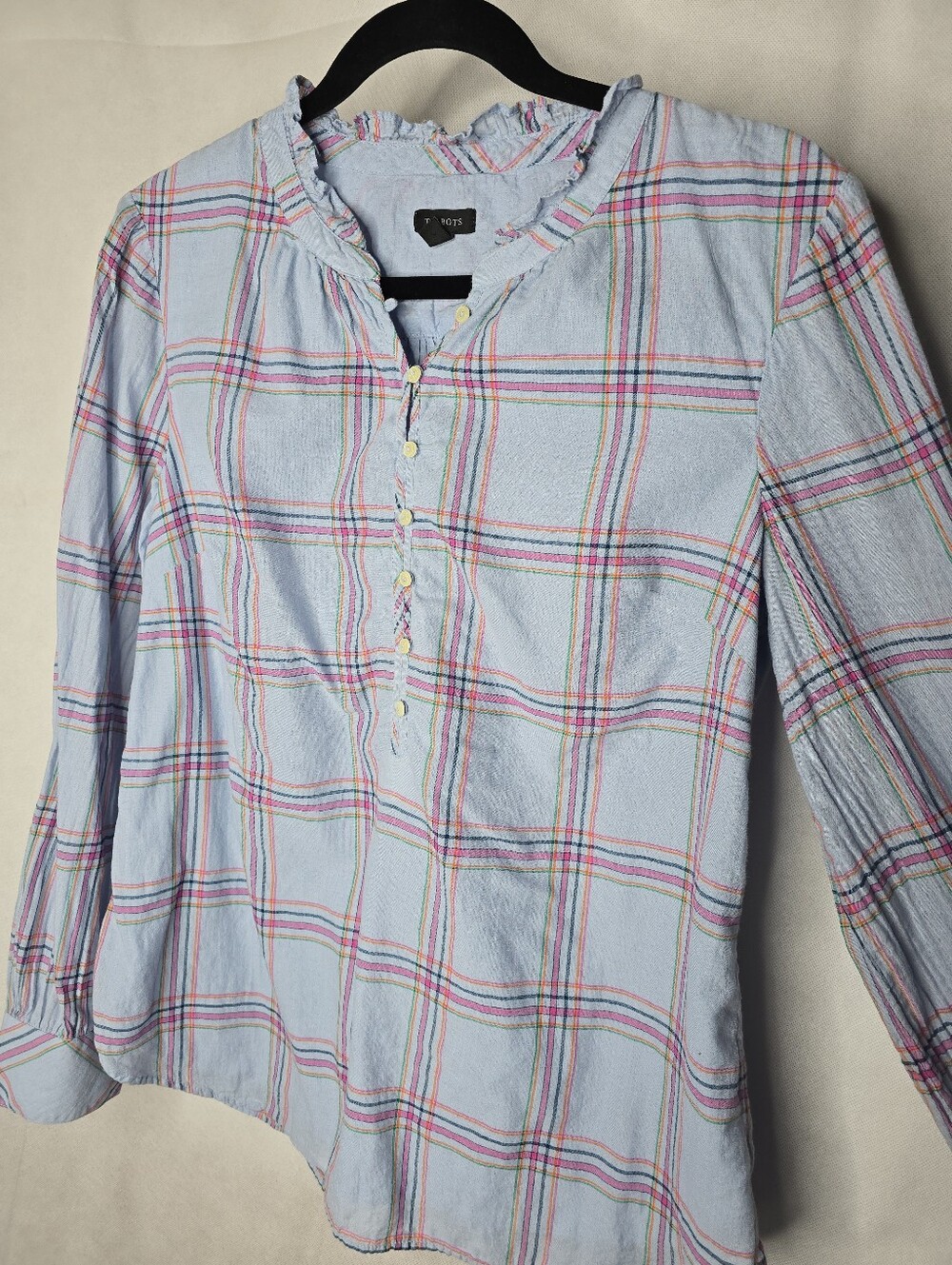 Talbots Plaid Popover Top Light Blue Long Sleeve Partial Button Lined Cotton M